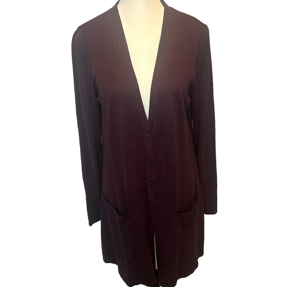 J. Jill Deep PURPLE Button Front Long Knit Cardigan Pockets Cotton‎ Rayon M Tall